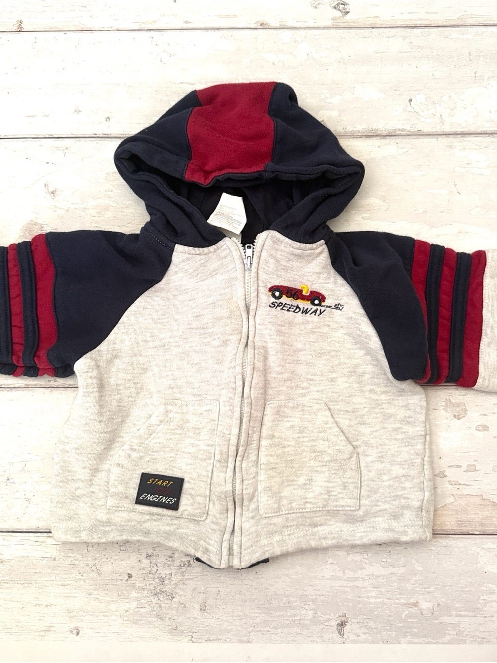 Boys 24m Zip Up Hoodie Jacket Sweatshirt Car Print Speedway Gray Blue Red